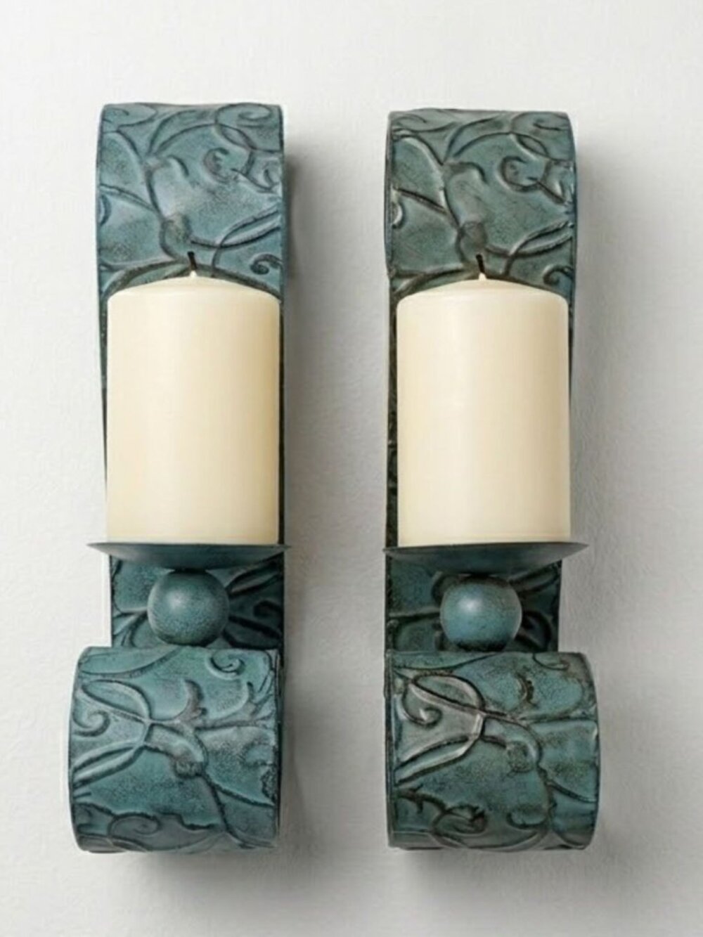 Vintage Metal Wall Sconce Candle Holder Teal Verdigris Scrollwork 16" Set of 2